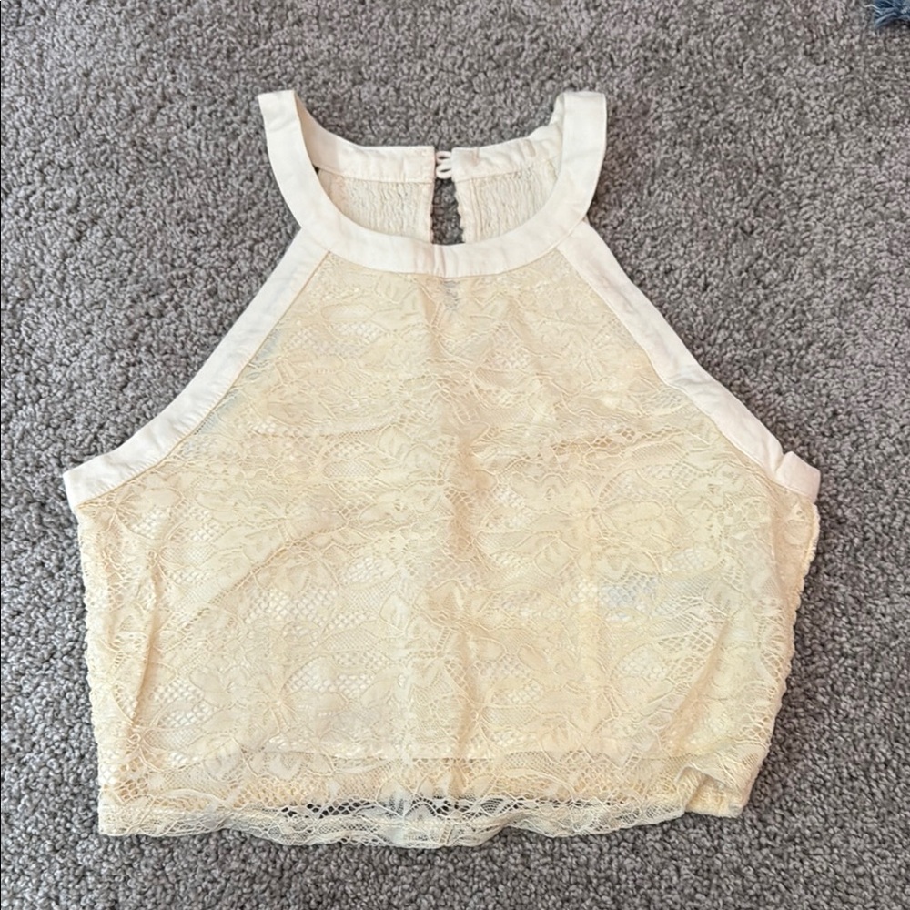 HOLLISTER Elegant Cream Lace Halter Top SMALL